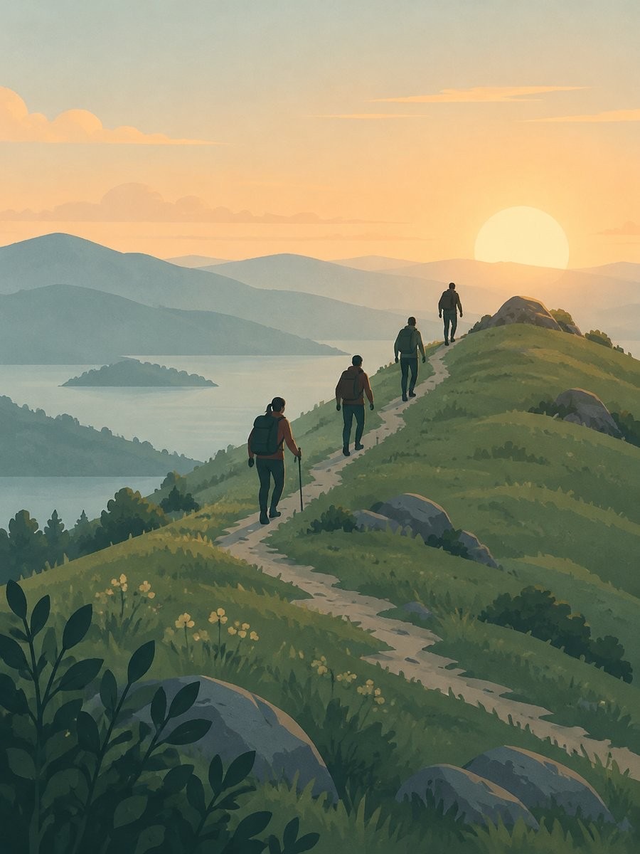 A group of hikers climbing a hillside trail at sunrise