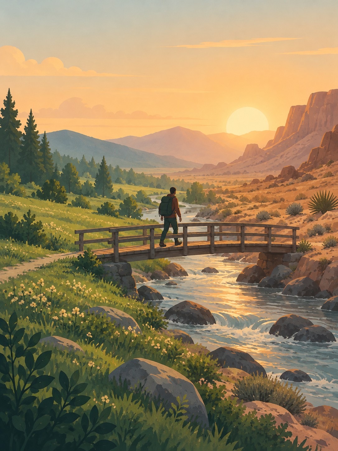 Travelers walking a lakeside path at sunrise